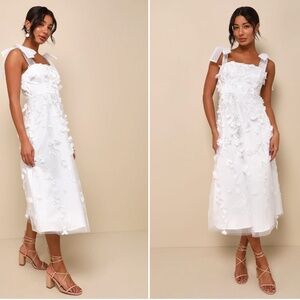 LULU's Bridal Shower Reception Elegant White Floral Wedding Midi Dress NWT